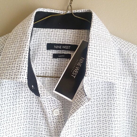 Nine West Men's Long Sleeve Dress Shirt M - Slim Fit White with Black Design NWT - Picture 3 of 16